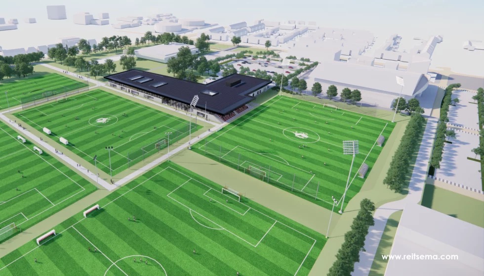 Artist impression van Topsportcampus Diekman met sportvelden